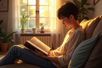 Jeune adulte lisant un manga dans un salon lumineux