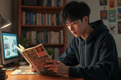 Jeune homme lisant un manga Solo Leveling assis à son bureau entouré de volumes de manga