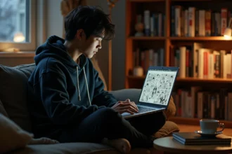 Jeune homme lisant One Piece sur un site de scan manga depuis son appartement cosy