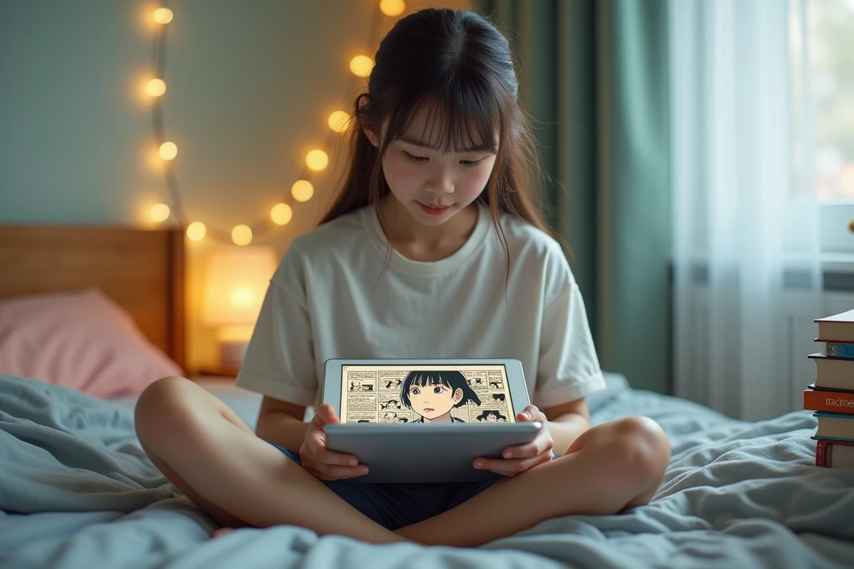 Adolescente lisant un scan de manga en ligne sur tablette allongée sur son lit