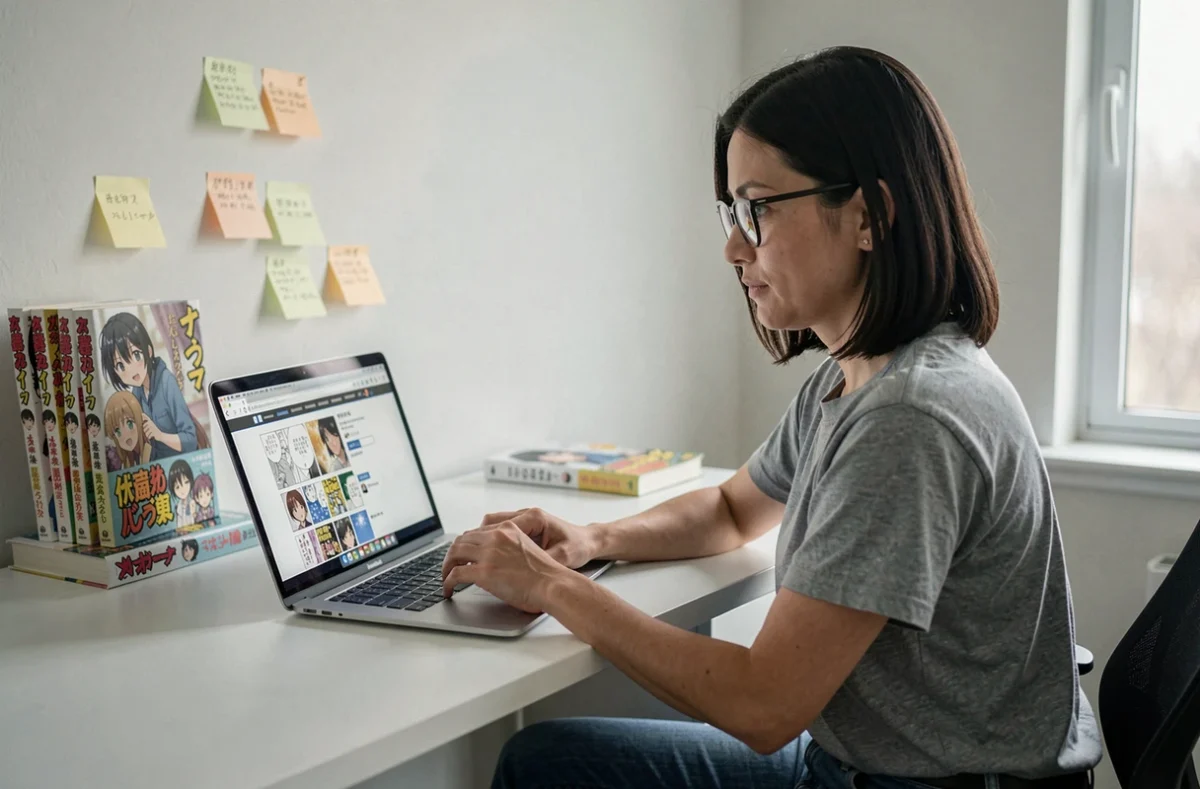 Femme lisant le scan de One Piece en français sur un ordinateur portable dans un bureau moderne