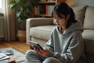 Jeune femme lisant des scans de manga et webtoon sur une tablette dans un appartement chaleureux entouré de volumes manga