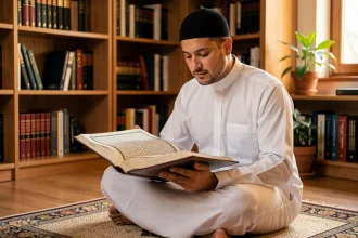 Homme musulman lisant la sourate Al Kahf dans un Coran ouvert, assis sur un tapis de prière dans une bibliothèque islamique chaleureuse