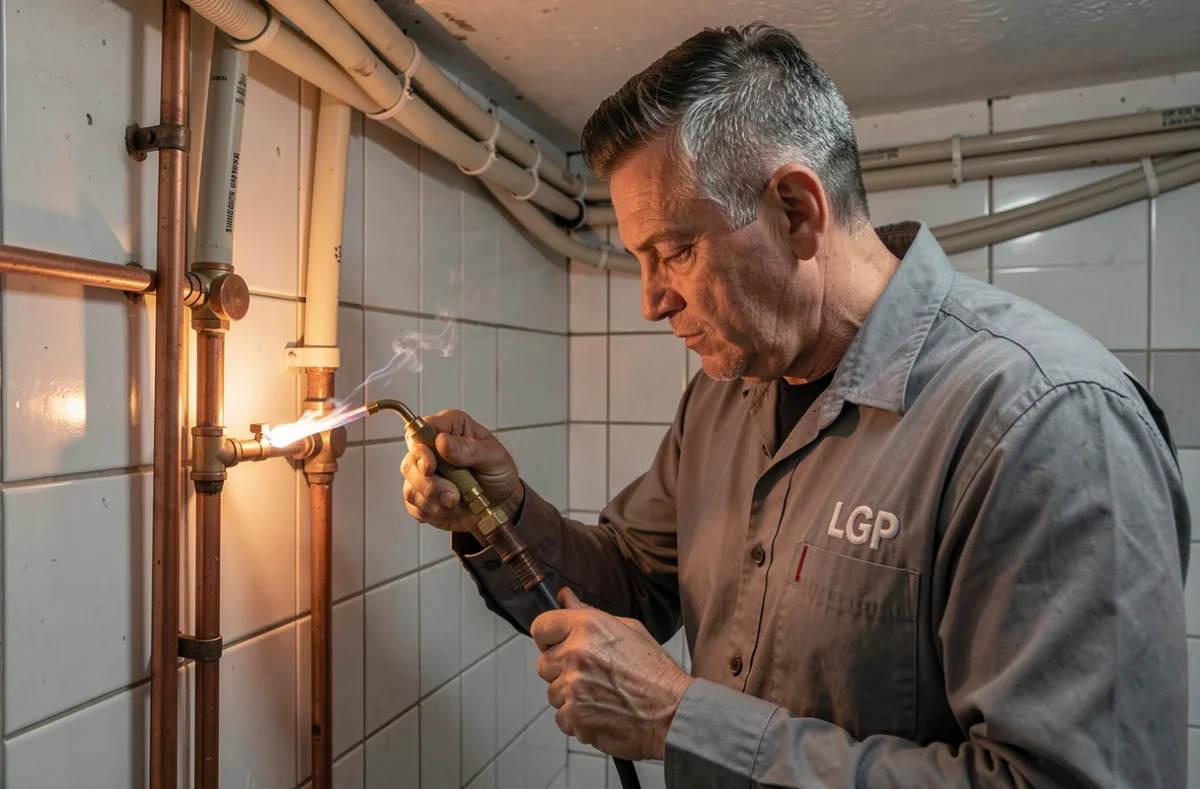Technicien de LGP Le Gohic Plomberie en train de souder un raccord en cuivre dans une salle technique