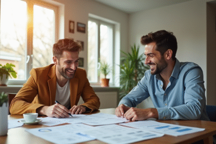 Propriétaire et locataire souriants examinant des papiers de revenus locatifs dans un appartement lumineux