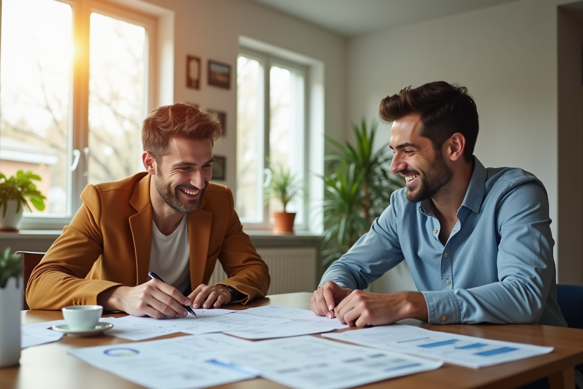 Propriétaire et locataire souriants examinant des papiers de revenus locatifs dans un appartement lumineux