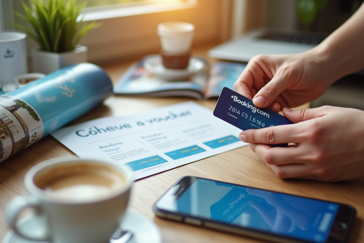 Mains utilisant un chèque vacances avec brochures de voyage sur un bureau