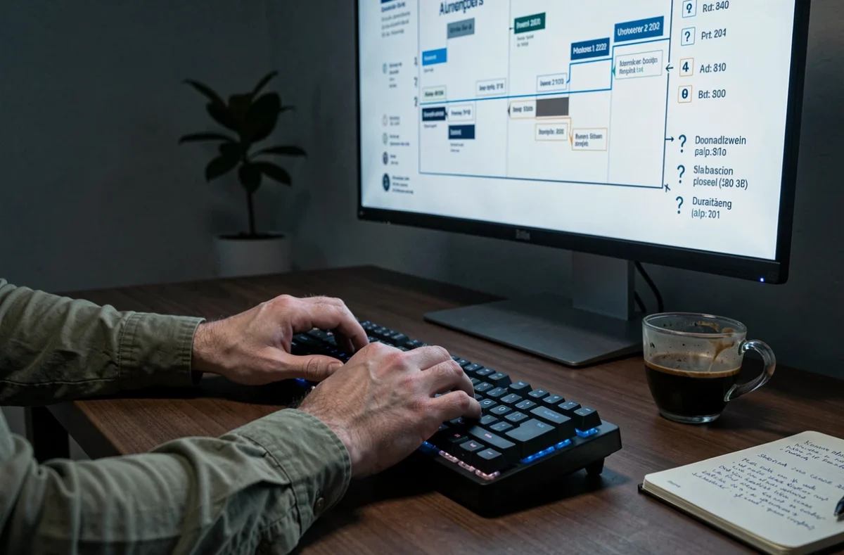Mains d'un internaute tapant sur un clavier mécanique face à une chronologie annotée d'un mystère né sur internet