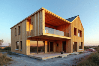 Maison moderne en construction à SaintMalo avec charpentes en bois