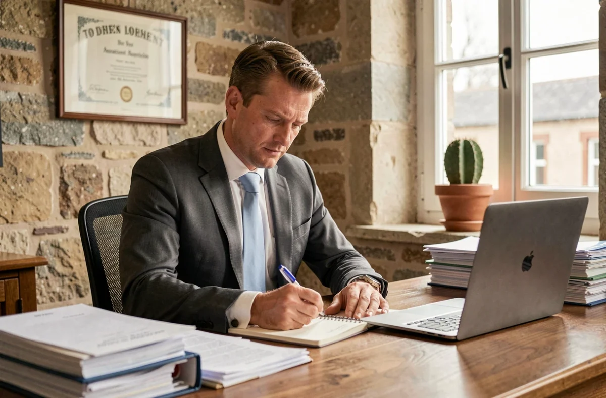 Maître Damien Guillou, avocat au barreau de Lorient, prenant des notes dans son cabinet breton
