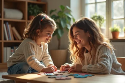 Maman et fille jouant au puzzle dans le salon lumineux