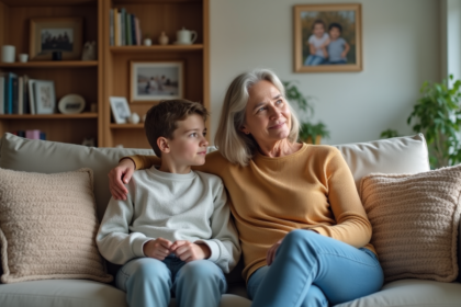 Femme et son fils adolescent sur un canapé familial