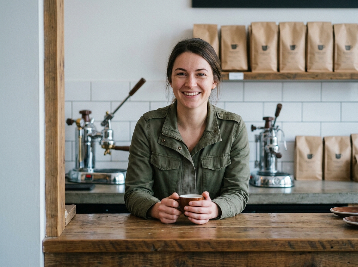 Propriétaire d'une marque de café indépendante tenant une tasse d'espresso dans son établissement minimaliste, illustrant la puissance de la photographie pour raconter l'histoire d'une marque