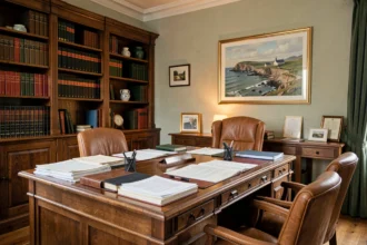 Cabinet d'avocat professionnel dans le Morbihan avec bureau en bois et livres juridiques