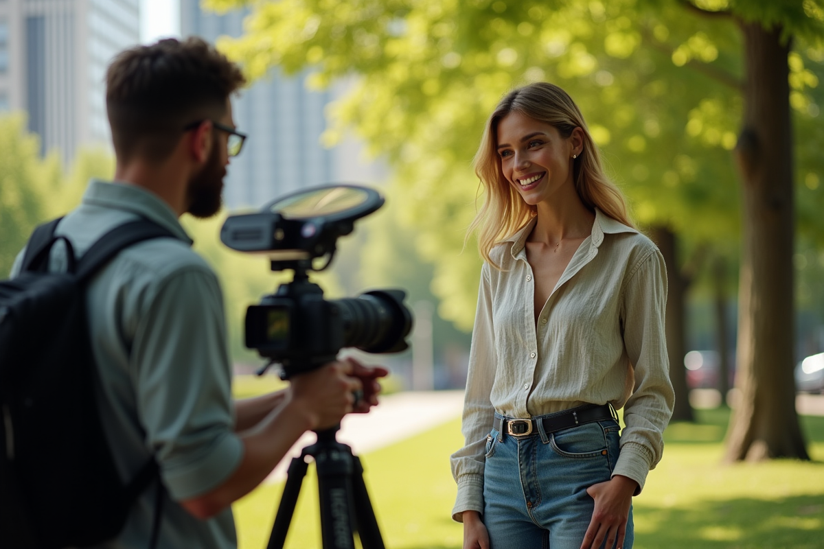 Mannequin et photographe discutant en plein air dans un parc urbain