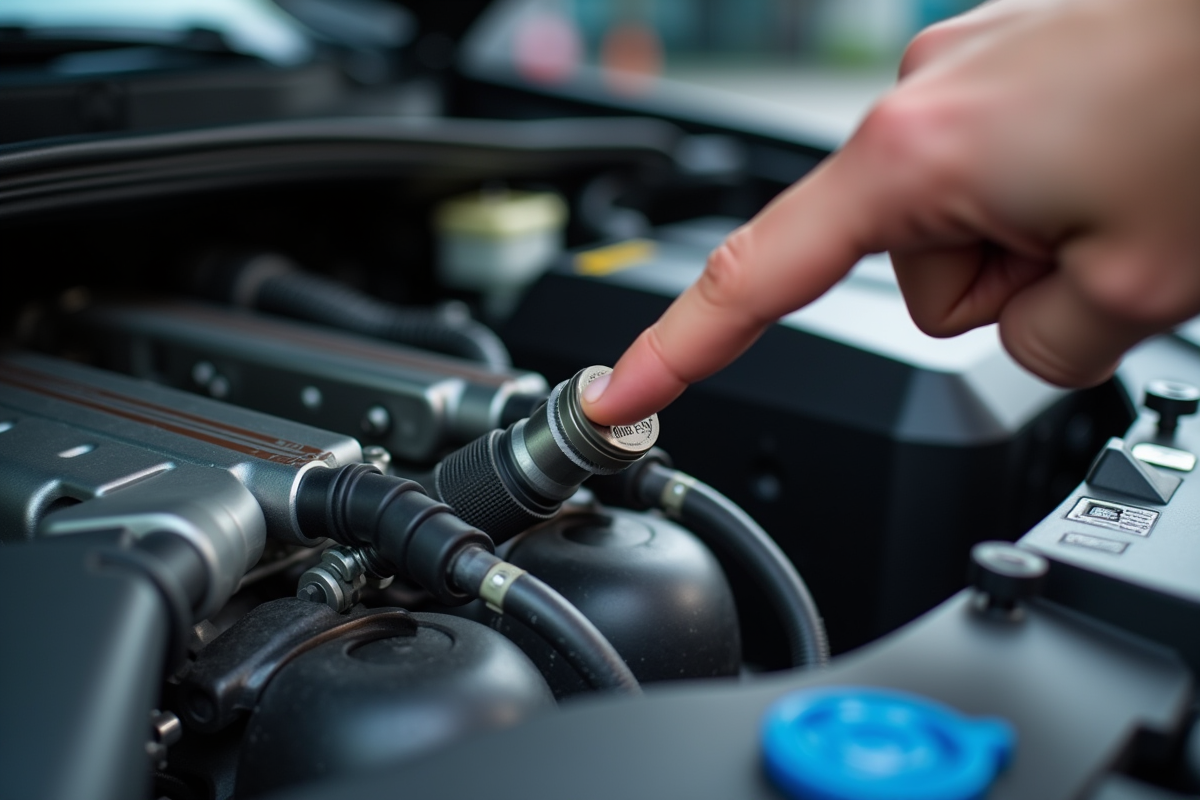 Vue rapprochee du moteur avec un mecanicien pointant le capteur de pression de boost