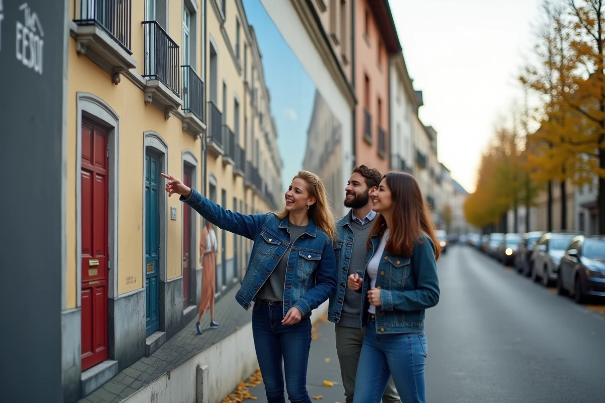 Groupe d'amis devant le Mur des Canuts à Lyon, célèbre trompe-l'œil du quartier de la Croix-Rousse