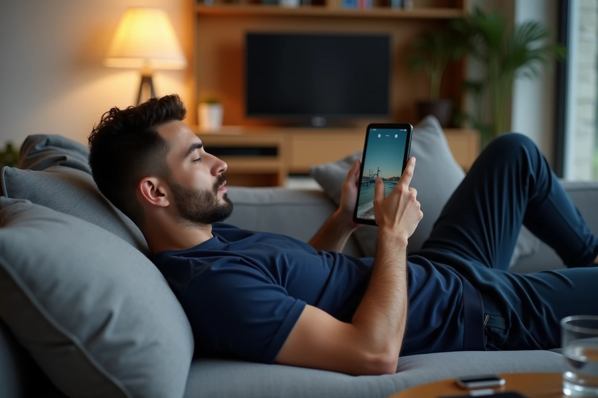 Homme allongé sur un canapé utilisant une tablette pour optimiser ses gains de dés Monopoly Go au quotidien