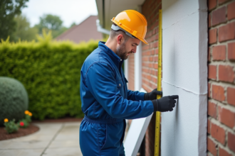 Ouvrier mesurant un mur extérieur avant isolation