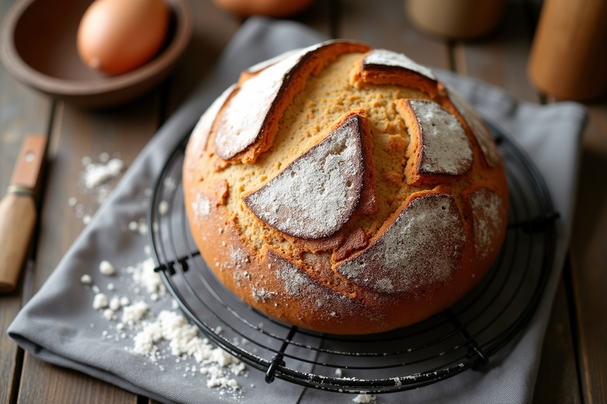 Pain rustique refroidissant sur grille dans cuisine campagnarde