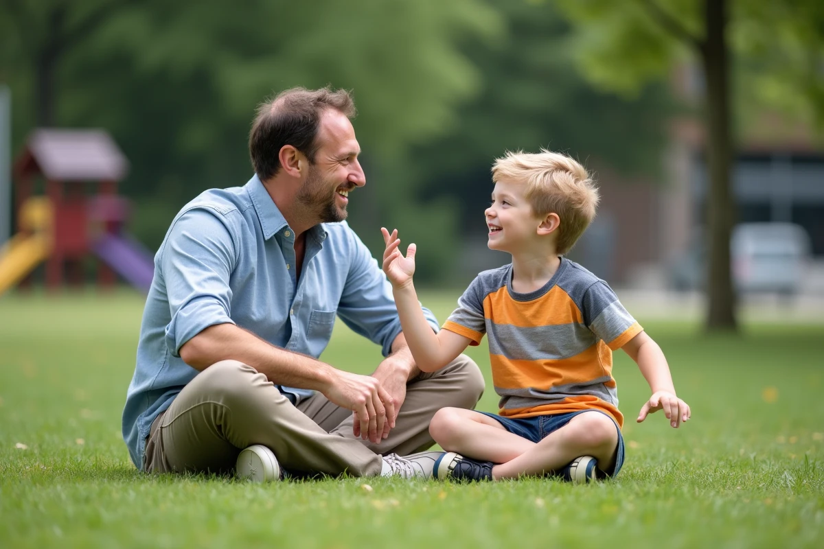 Père et fils discutant dans un parc en plein air