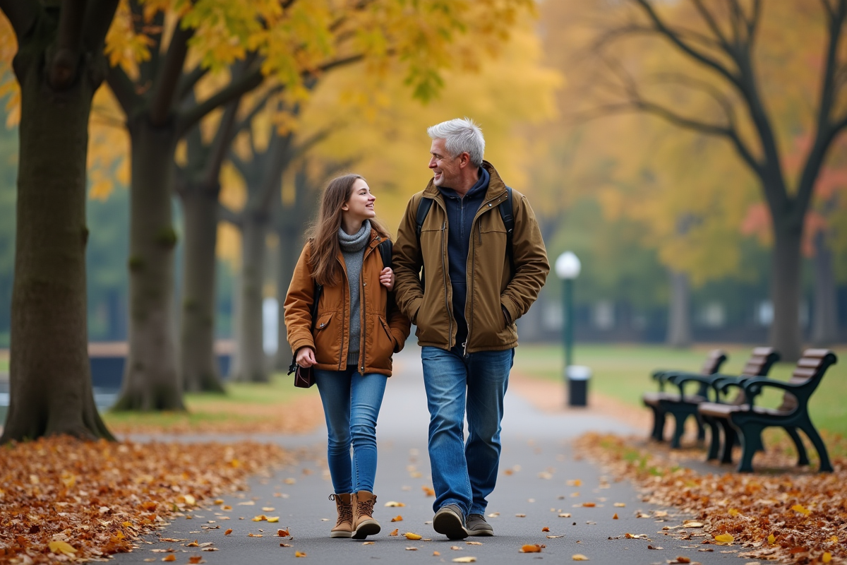 Père et fille marchant dans un parc en automne