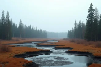 Terrain de pergélisol fissuré dans la taïga sibérienne avec épicéas inclinés et flaques stagnantes, illustrant l'impact du changement climatique sur le plus grand pays du monde