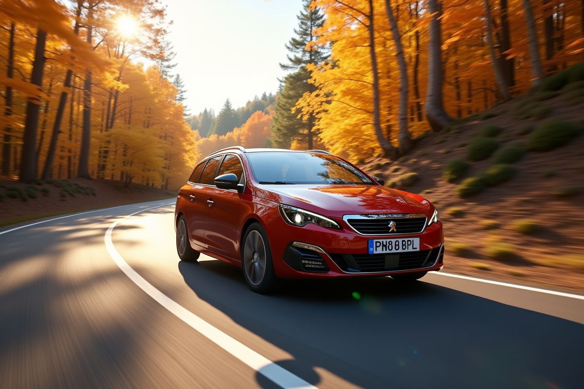 Peugeot 308 SW en conduite dans une forêt automnale