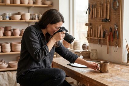 Photographe professionnelle composant un cliché d'un produit artisanal en céramique dans un atelier authentique pour illustrer l'identité visuelle d'une marque