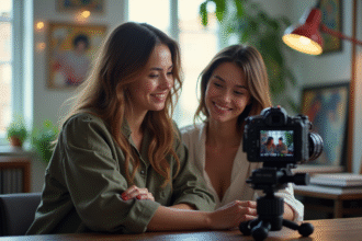 Photographe et modèle examinant des images en studio lumineux