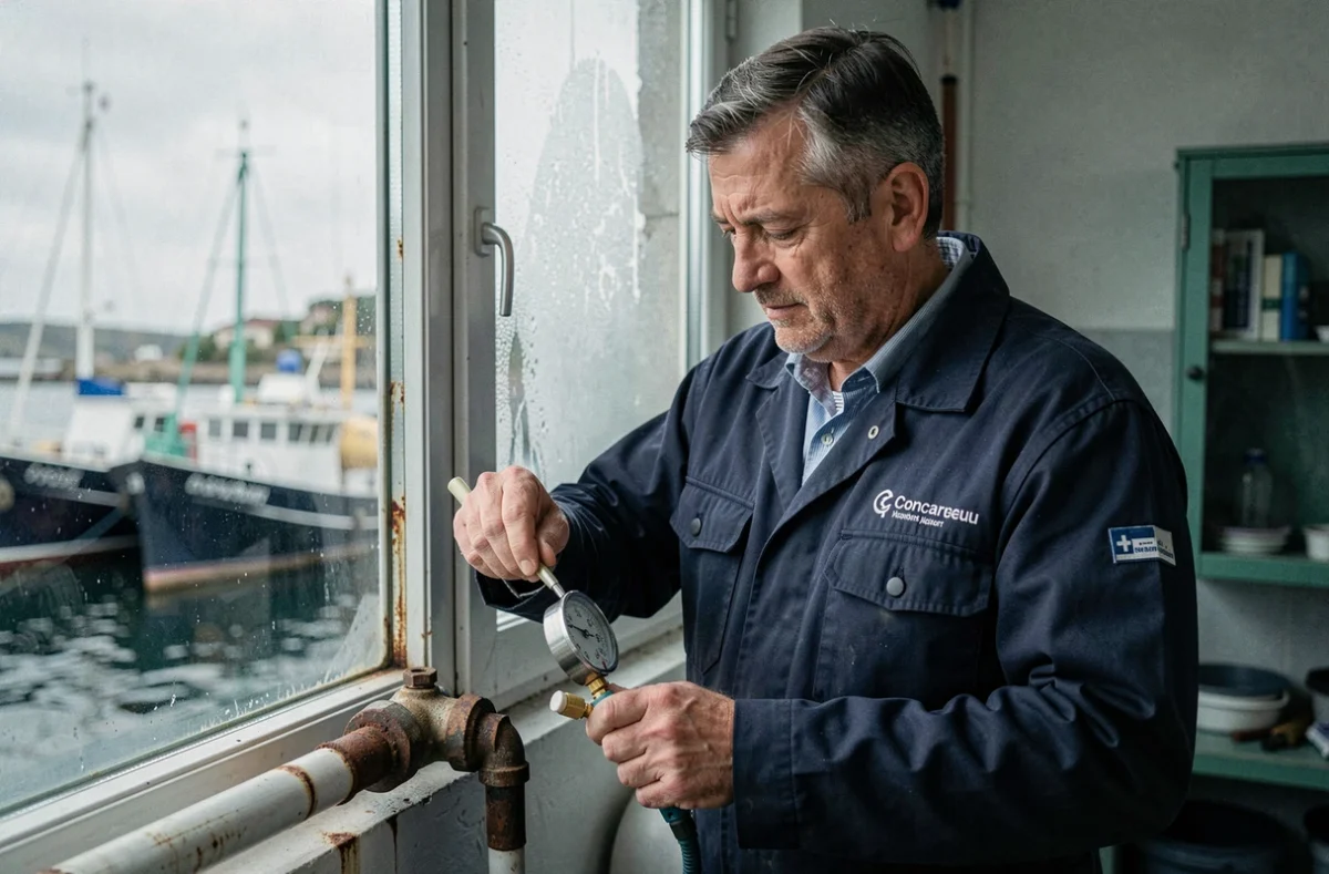 Plombier de Concarneau inspectant une canalisation près d'une fenêtre donnant sur le port de pêche