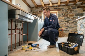 Plombier professionnel en intervention d'urgence dans une maison bretonne du Finistère, agenouillé sous un évier avec ses outils