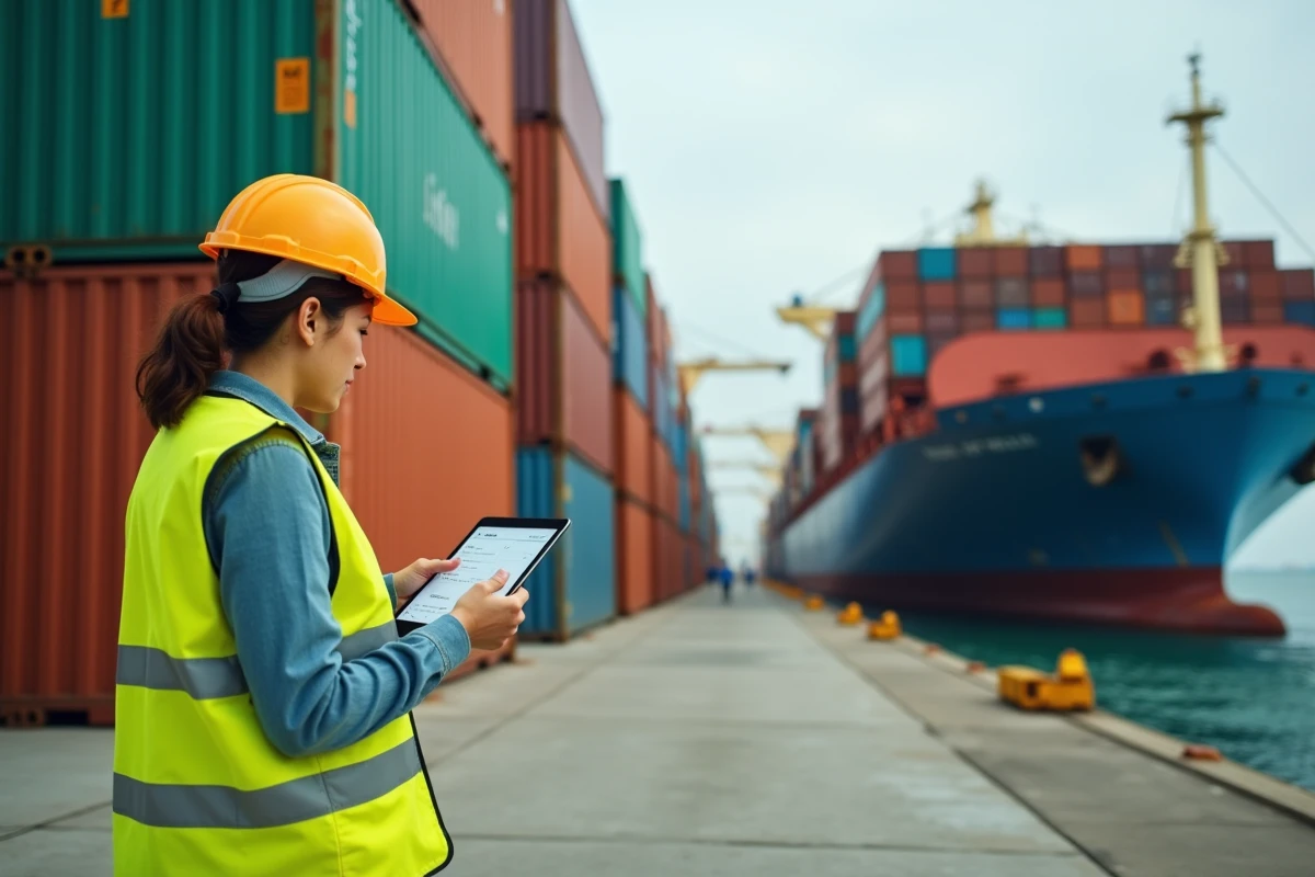 Terminal portuaire avec conteneurs et coordinatrice logistique symbolisant le commerce international