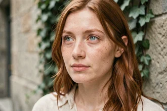 Portrait rapproché d'une jeune femme aux yeux bleus clairs et aux cheveux auburn, illustrant la rareté de la couleur d'yeux bleue dans le monde