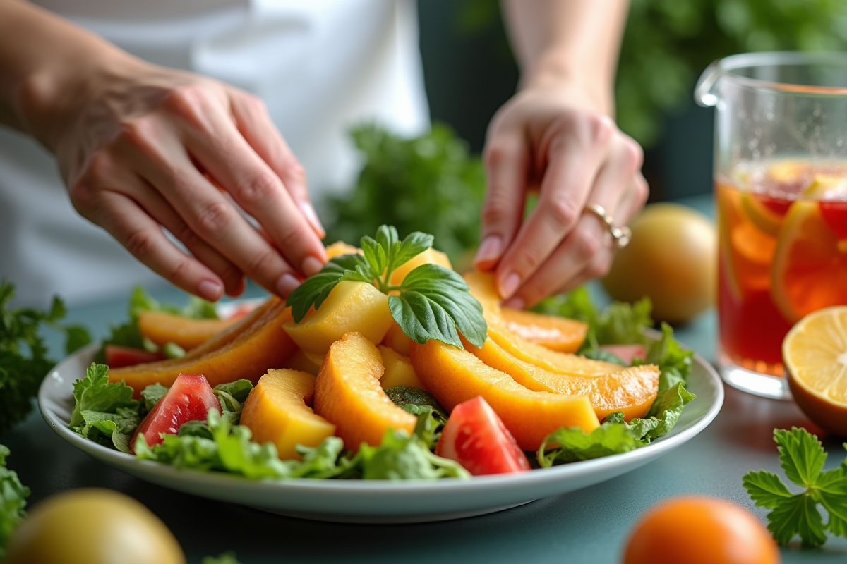 Mains disposant des fruits tropicaux en salade dans une cuisine lumineuse