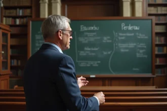 Professeur de droit pénal devant un tableau noir annoté de jurisprudence dans un amphithéâtre universitaire français