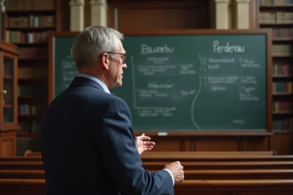 Professeur de droit pénal devant un tableau noir annoté de jurisprudence dans un amphithéâtre universitaire français