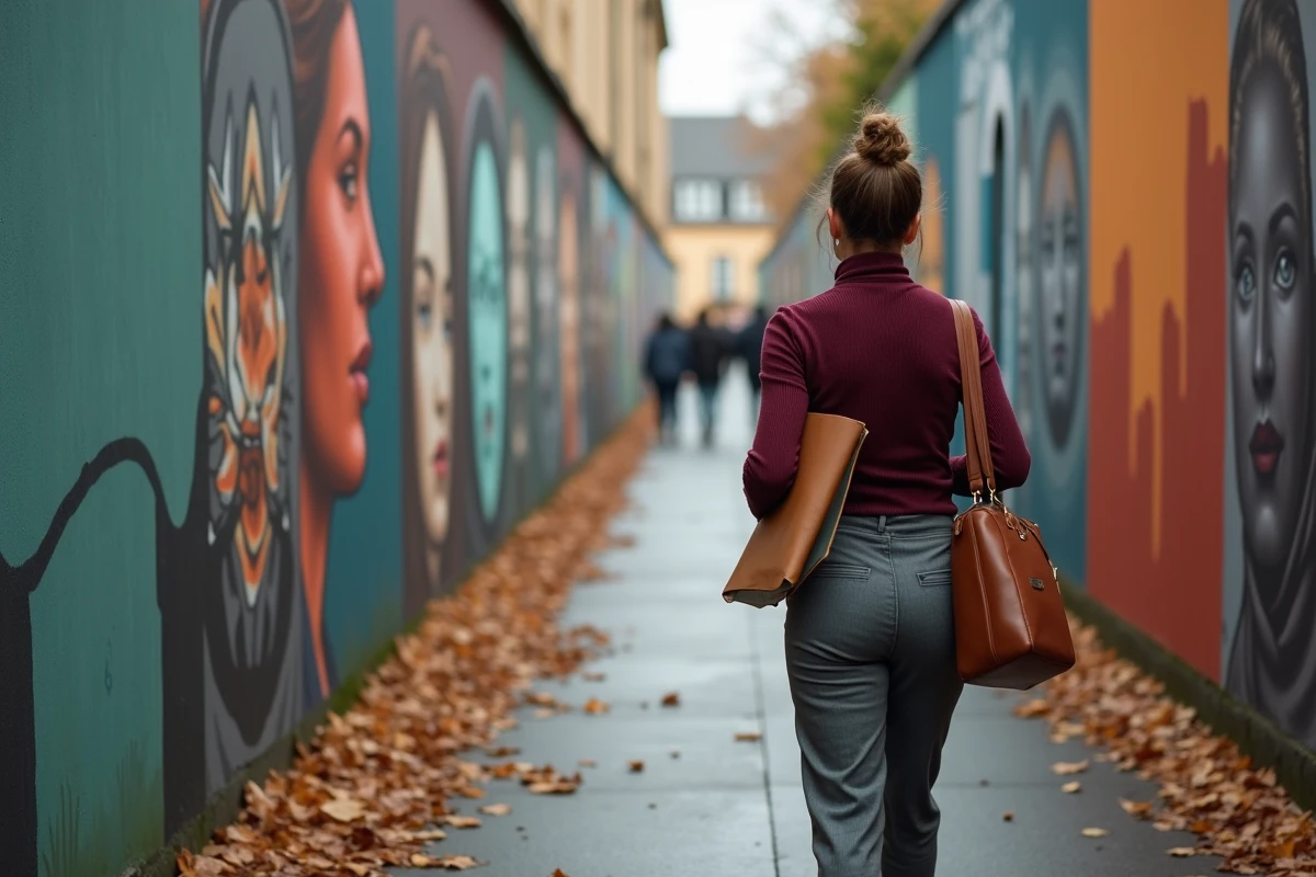 Femme se promenant dans un couloir d'art urbain en plein air à Lyon, entourée de fresques de street art