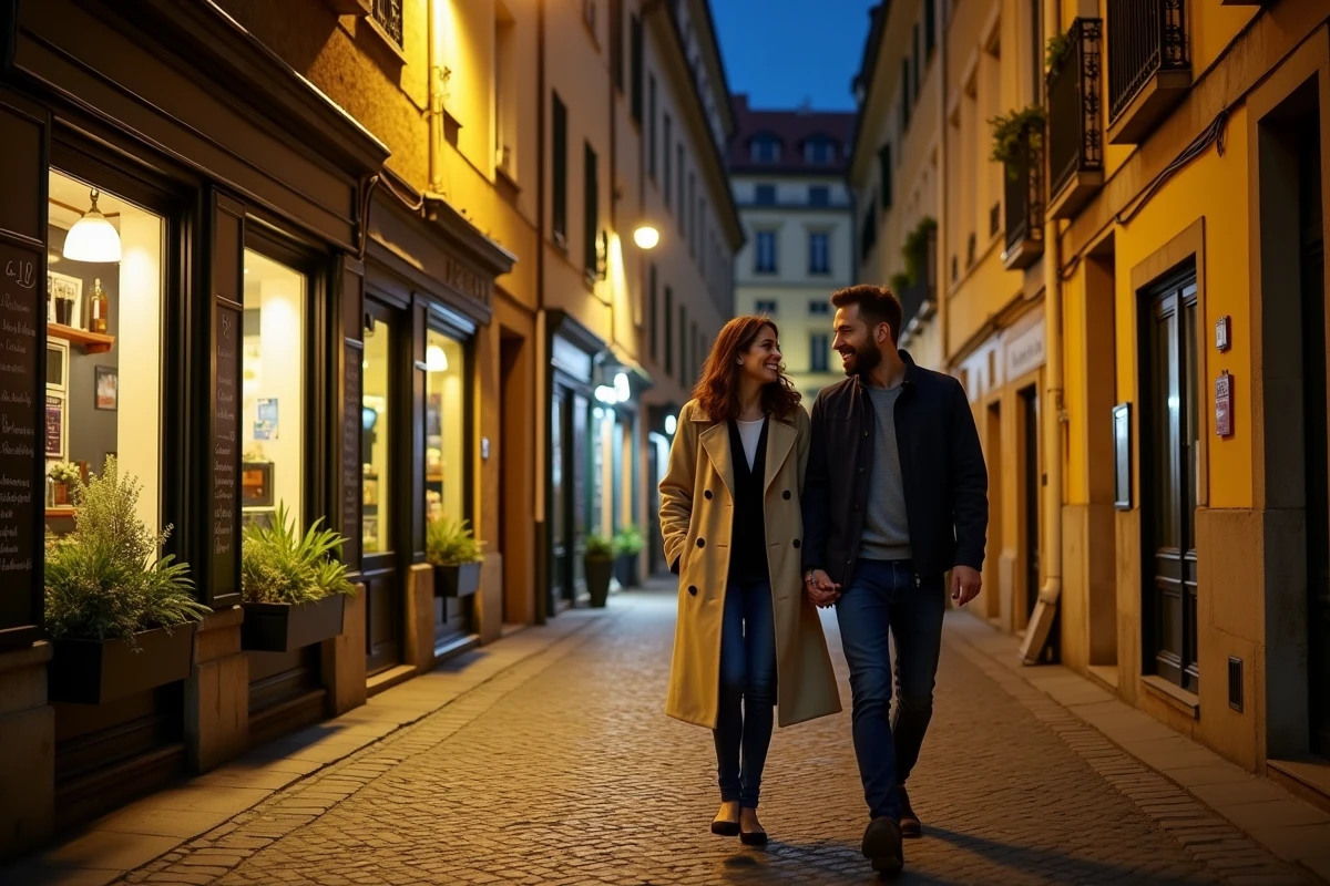 Couple se promenant dans une rue animée de la Croix-Rousse à Lyon avec des bars éclairés en arrière-plan