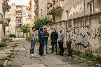 Jeunes adultes dans une cité de banlieue française, immeubles dégradés et graffitis en arrière-plan, ambiance de quartier sensible