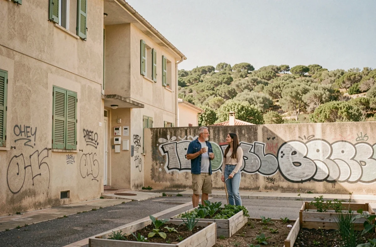 Résidents devant un immeuble de logements sociaux dans les quartiers nord de Marseille avec potager communautaire