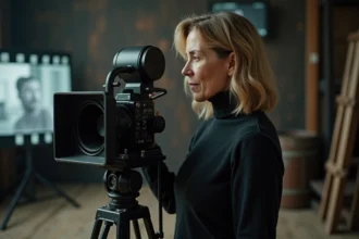 Une réalisatrice de cinéma regarde à travers une caméra 35mm dans un studio, avec un moniteur affichant une image en noir et blanc en arrière-plan