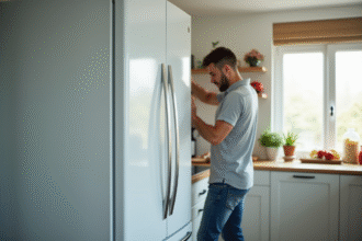 Homme ajustant la porte d'un réfrigérateur blanc en cuisine moderne