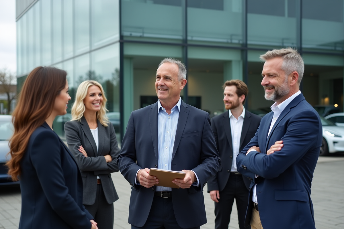 Groupe de dirigeants devant un concessionnaire automobile moderne