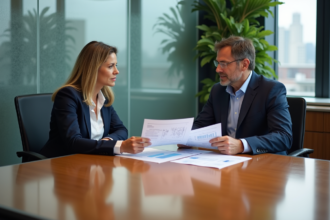 Homme et femme d affaires discutant de rapports financiers