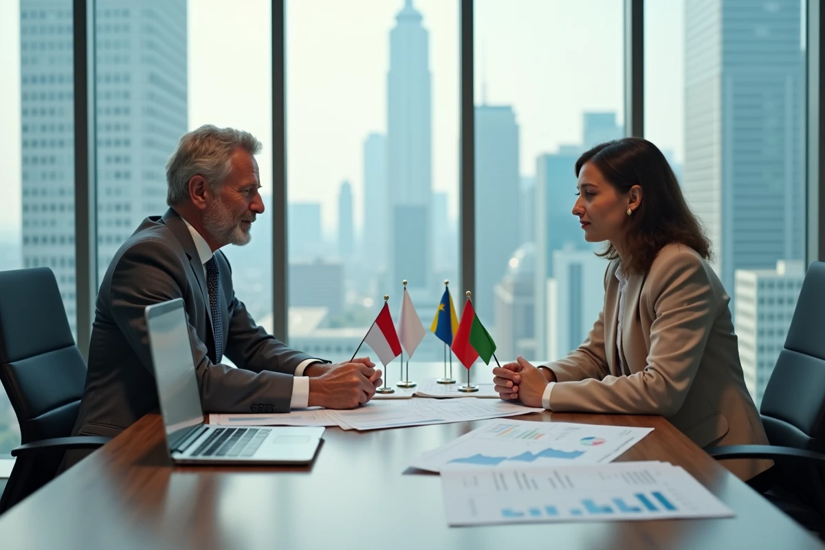 Professionnels en réunion analysant des données commerciales internationales liées aux avantages comparatifs