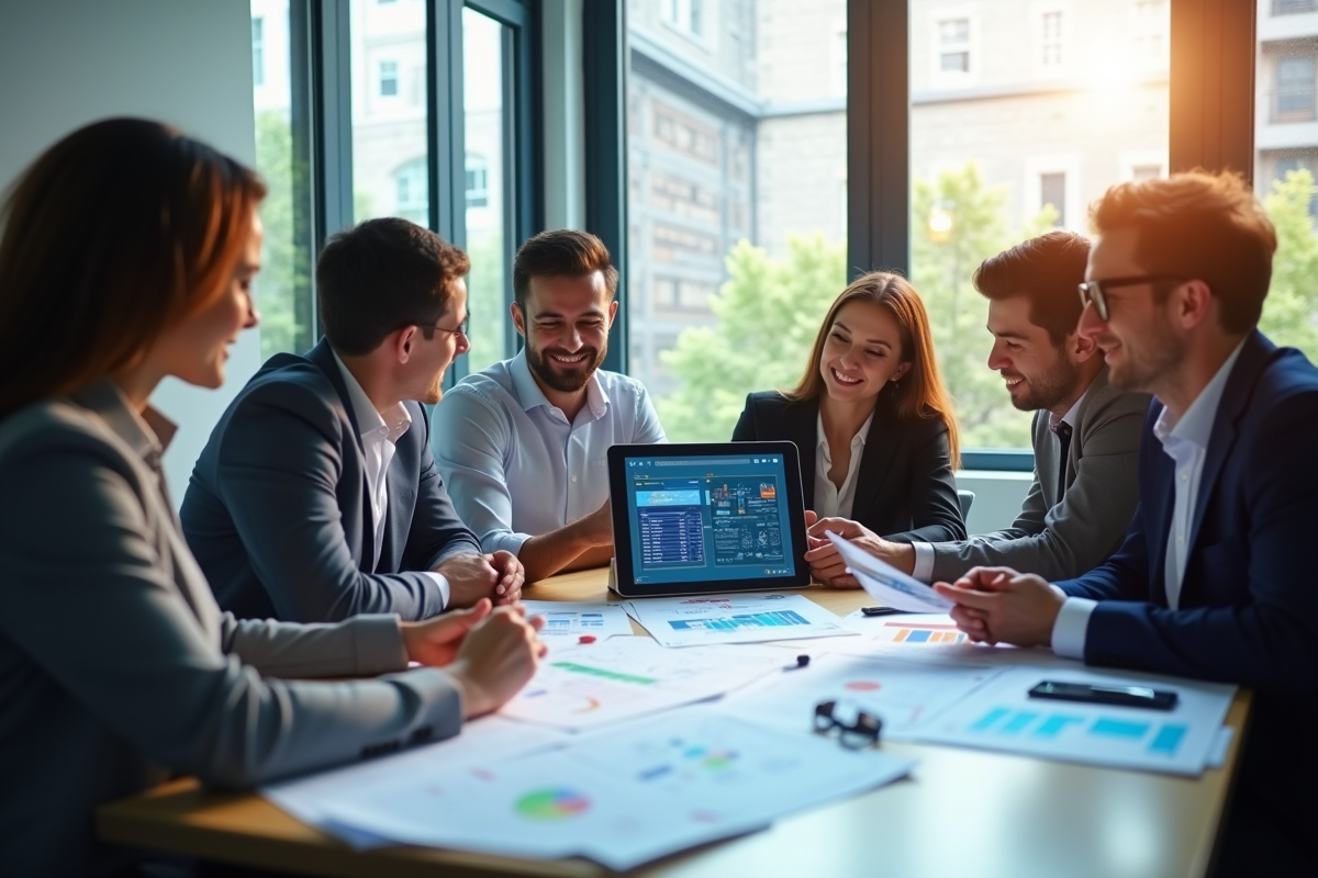 Groupe de professionnels en réunion autour de diagrammes d intelligence artificielle