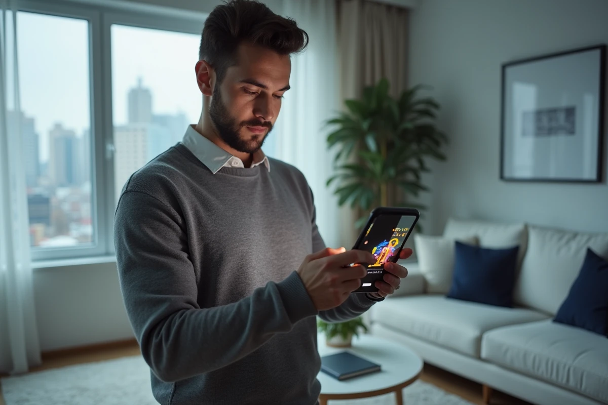 Homme jouant à Rooms & Exits sur smartphone dans un salon moderne avec un carnet de notes ouvert