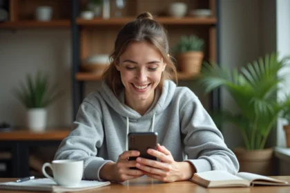 Femme consultant son smartphone à la table de cuisine pour collecter des dés Monopoly Go gratuits lors de sa routine matinale