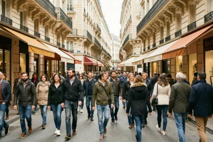 Rue piétonne animée du centre-ville de Marseille avec une foule diverse devant des immeubles haussmanniens